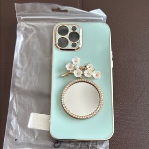New Mint Green Floral Phone Case with Gold Accents for iPhone 12 Pro Max.